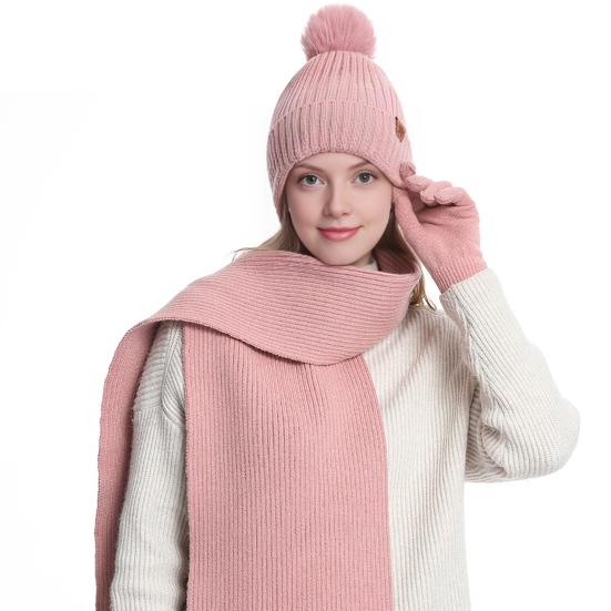 3Pcs/Set Winter Knitted Scarf Gloves Set Pom Pom Ball Double Layer Thickened Brimless Hat Touchscreen Gloves Neck Warmer Set