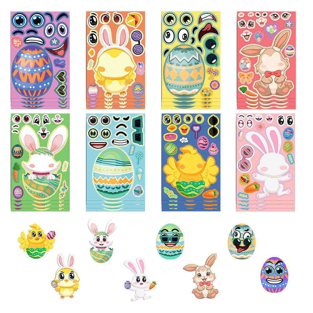 8PCS Easter Stickers for Kids Reusable Vinyl Waterproof Mix Match Bunny Ears Egg Patterns Creative Play DIY Crafts Educational