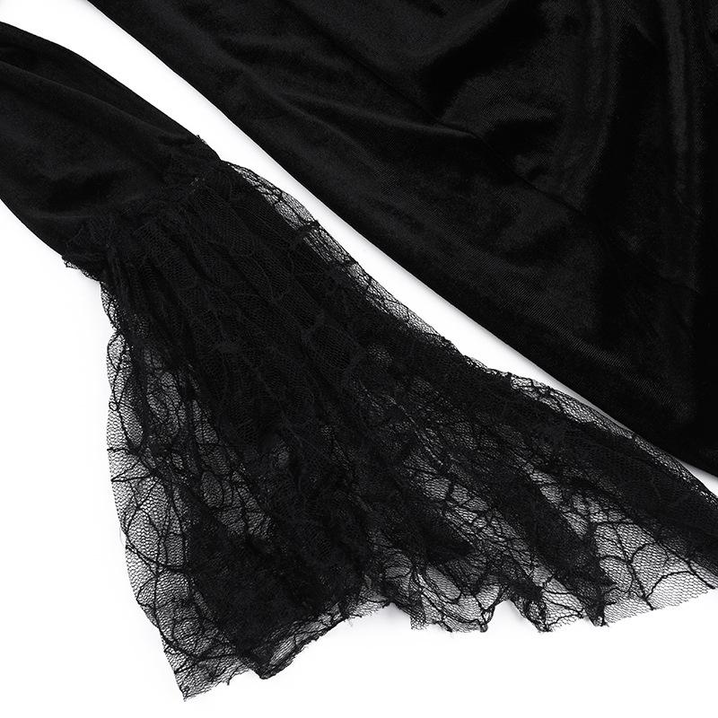 AltGoth готическое темное бархатное платье на Хэллоуин для женщин в винтажном стиле Fairy Grunge кружевное пэчворк с расклешенными рукавами и высокой талией вечернее платье