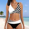 Женский купальник с подвесным вырезом в белую полоску и принтом, бикини, купальник-танкини