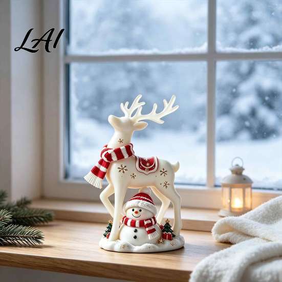 Christmas Table Figurine, White Snowman Resin Decorations Reindeer Deer Statue with Red Scarf, Cute