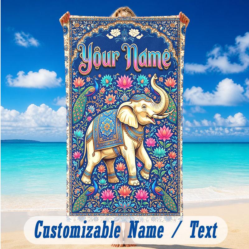 Elephant Theme Beach Towel Personalized Custom Name & Text Soft Quick Dry Beach Towel for Swimming Travel