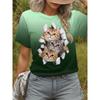 Stylish Animal Cat Print Tops Loose Crew Neck Tops Versatile T-Shirts Women’s