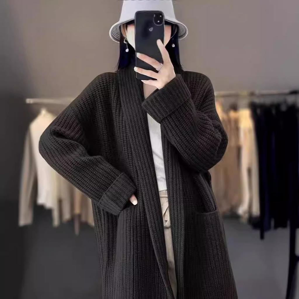 Женский осенне-зимний вязаный кардиган средней длины с воротником, мягкий и липкий, свободный свитер в стиле ленивой кофты