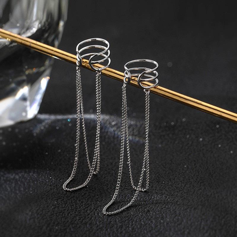 Non-Pierced Double-Layer Tassel Ear Cuff with Long Chain and Trendy Hong Kong Style