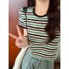 Korean Style Striped Knitted Short-sleeved Women's New Summer Lazy Loose Age-reducing Versatile Ice Silk Top Thin