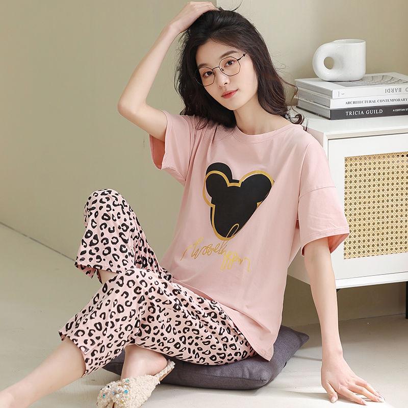 Capris Short Sleeved Pajamas for Women In Summer Cotton Cartoon Cute Casual Home Clothing Set