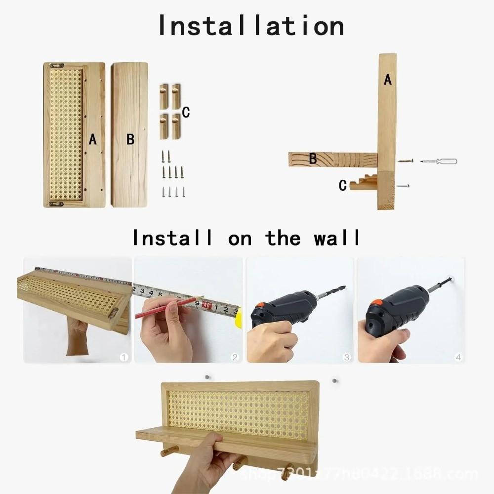 Solid Wood Woven Wall Key Hook Book Newspaper Organization Wall Mounted Magazine Storage Rack Space Saver Rattan Storage Rack