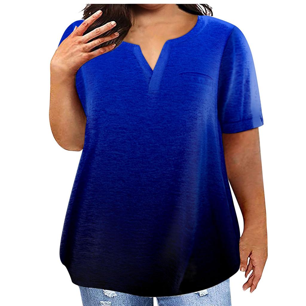 Fashion Plus Size Women's Casual Short Sleeve Round Neck Gradient Print T-shirt With Pockets