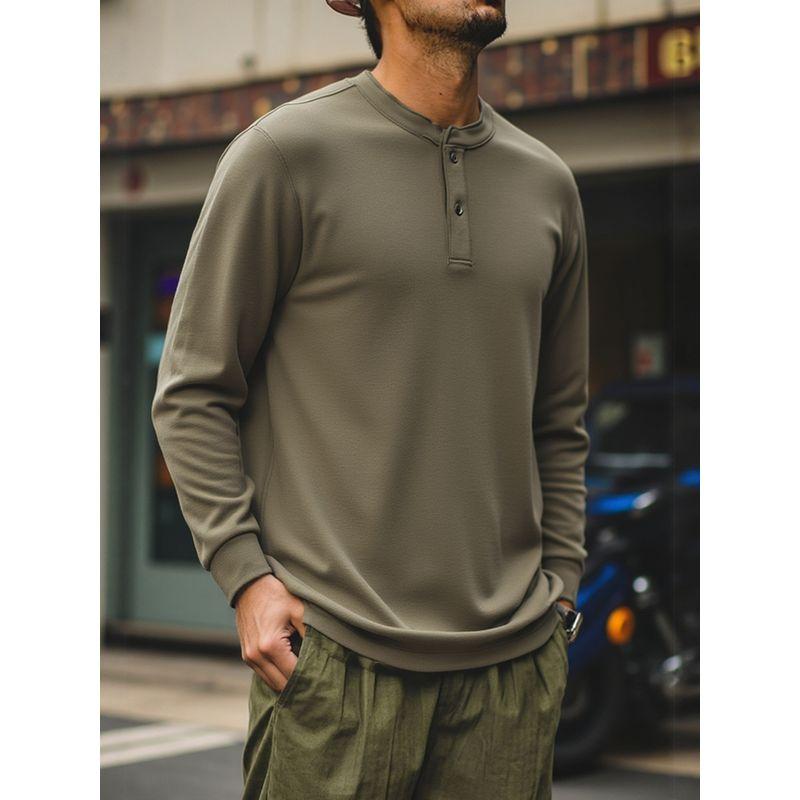American Retro Old Money Style Tough Guy Henley Collar Base Shirt Men's Winter Long-Sleeve T-Shirt Foreign Trade Men's Casual Tee