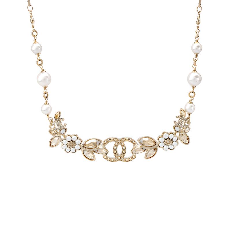 Chanel CC модная индивидуальность простая тенденция металлическое ожерелье тот же стиль для мужчин и женщин золото/светло-коричневый/жемчужно-белый