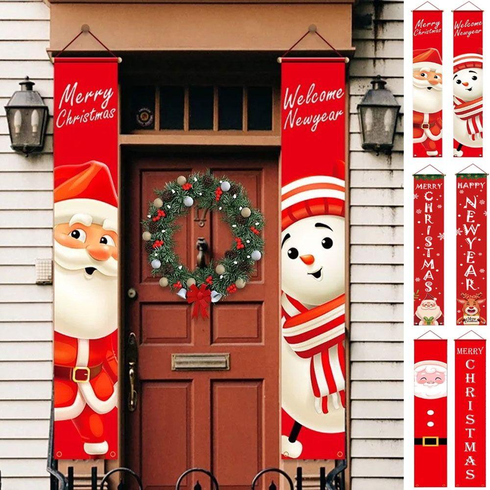 1pair Cloth Santa Claus Christmas Door Banner Cute Snowman Christmas Porch Sign Decorative Christmas Hanging Banner
