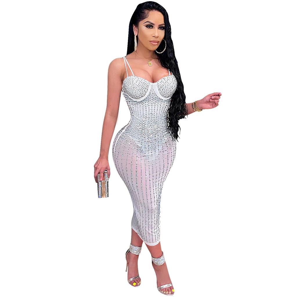 Sexy Sequin Glitter Crystal Midi Dress Women Sleeveless Strap Bodycon Club Dresses Plus Size Evening Mermaid Dresses