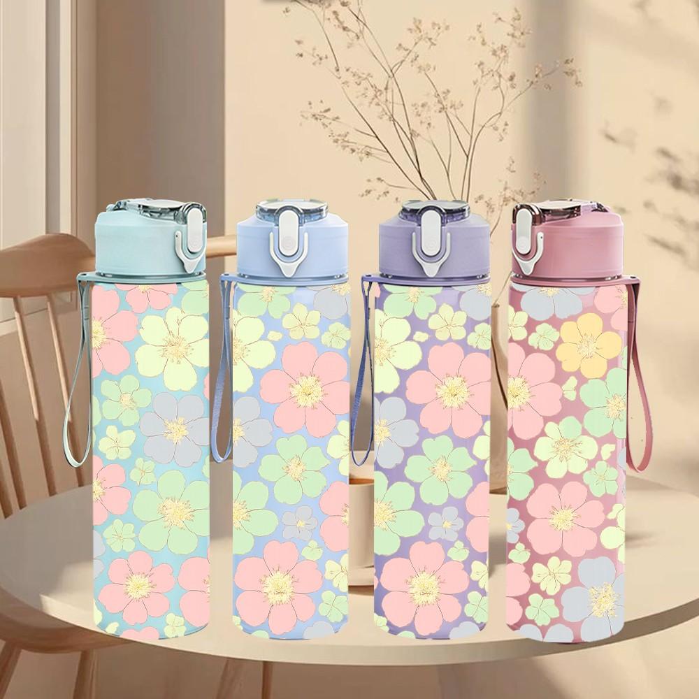 1PC Soft Pastel Floral Seamless Print 750ml Color Plastic Sports Water Bottle Leakproof Flip Straw Lid Suitable for Sports Office Home Use