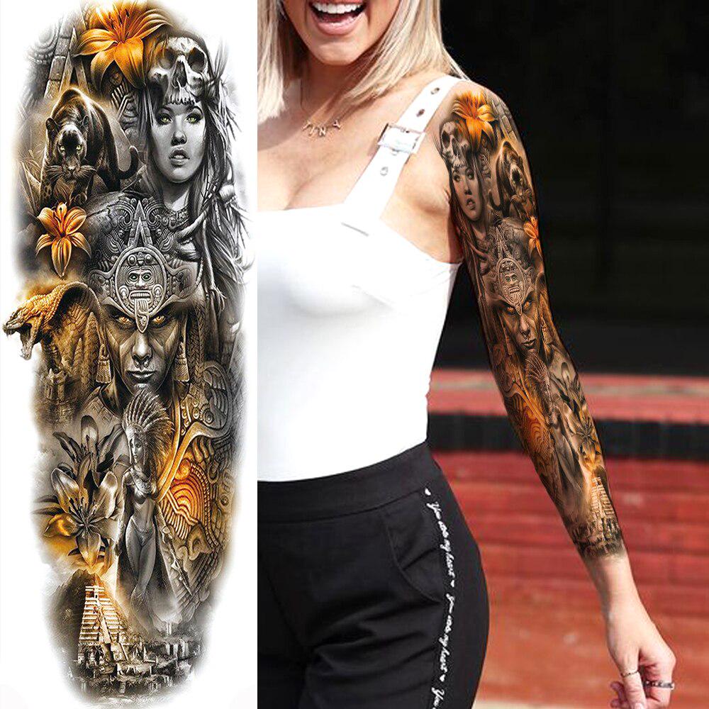 Sketch Compass Rose Flower Temporary Tattoos For Men Women Full Arm Sleeve Fake Tattoo Sticker Decor