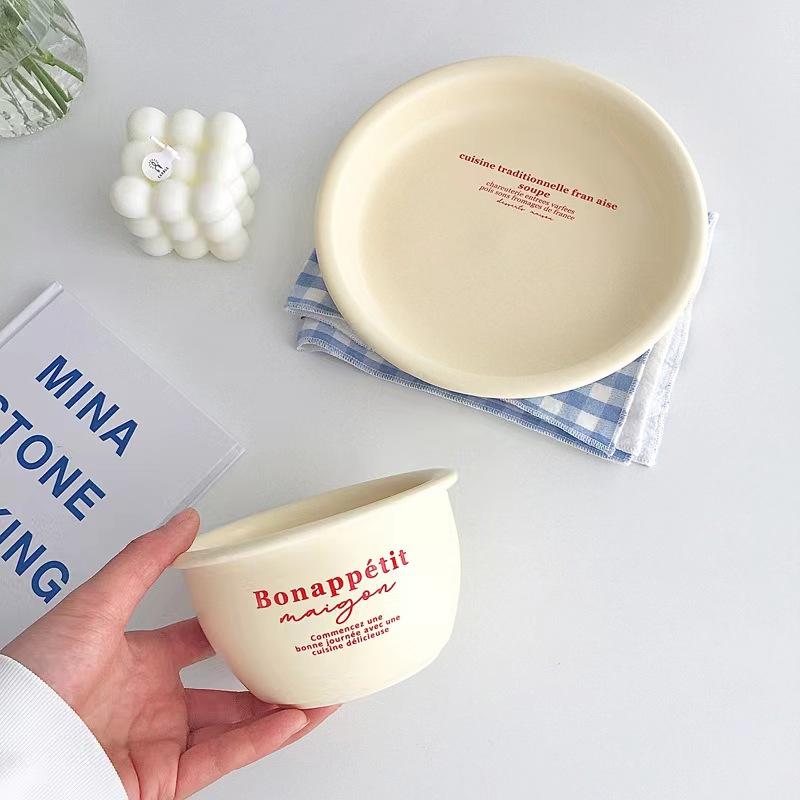 Кремовая посуда в корейском стиле, керамическая посуда, тарелки для завтрака, овсяные миски, салатницы, миски для риса