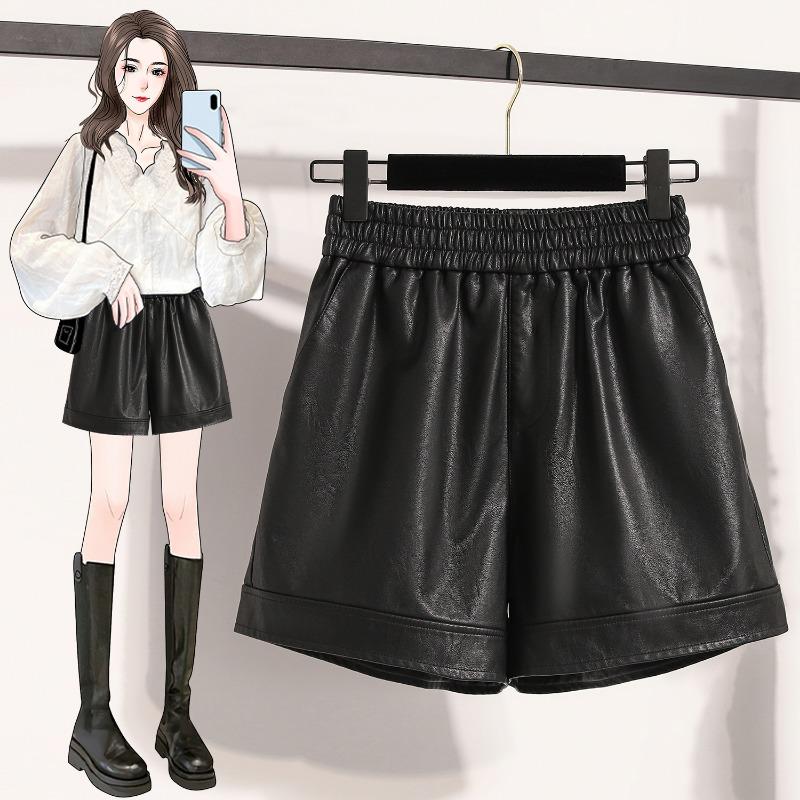 DIMANAF 2024 Plus Size Autumn Winter Shorts Women Solid New PU Leather Casual Loose Wide Leg Pants Short Pants