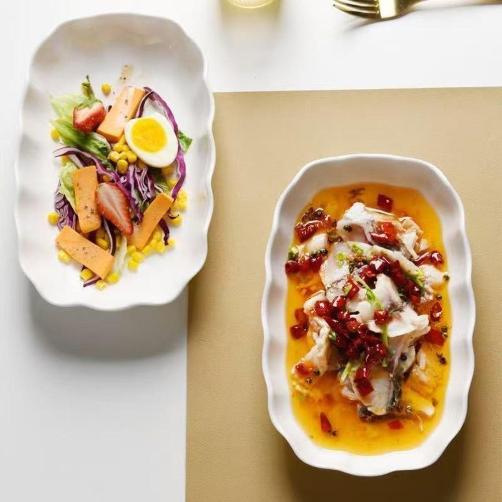 Heat-resistant Ruffled Edge Serving Plate Rectangular Meal Plate Artistic Steamed Fish Plate  Soup