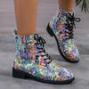 Обувь для женщин 2024 года, модные осенние женские ботинки со шнуровкой, с круглым носком, разноцветный принт, короткие ботинки на низком каблуке для поездок на работу