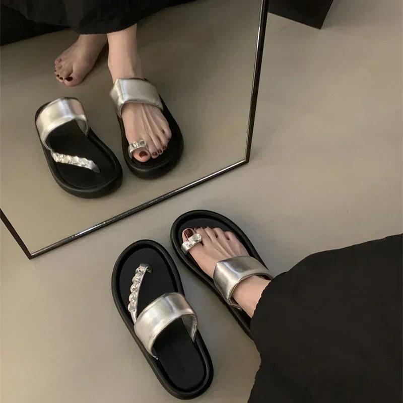 2025 Летние женские тапочки, модные элегантные туфли на плоской подошве с застежкой-молнией, женские повседневные пляжные сандалии, шлепанцы