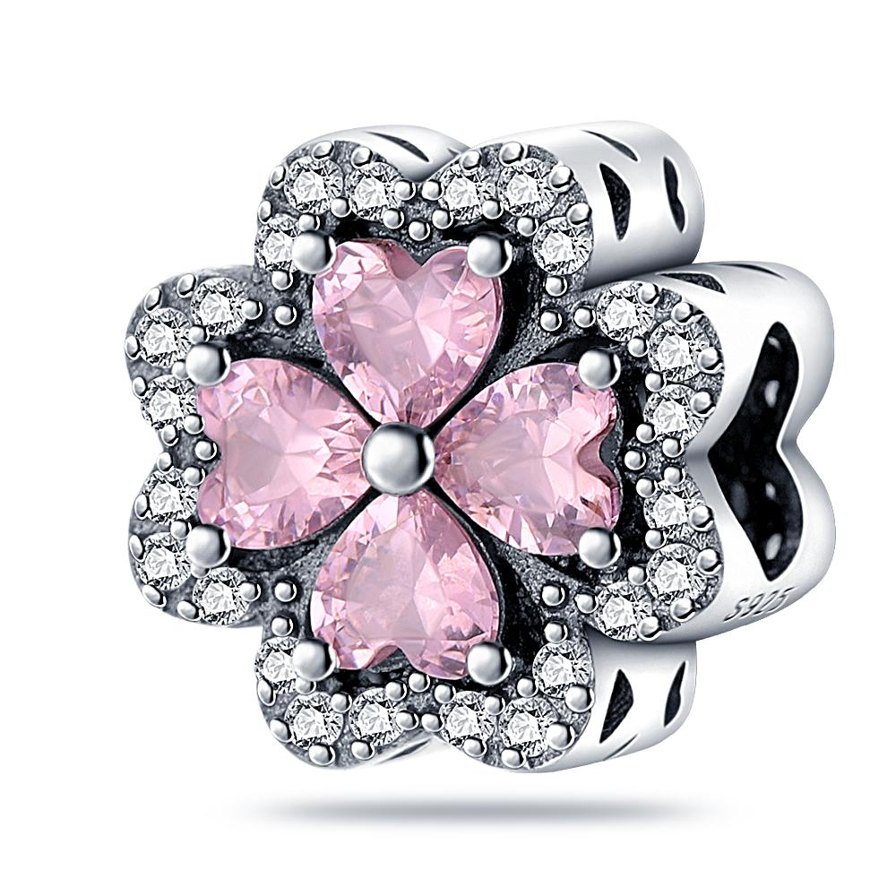 Подвески Plata Of Ley Серебряная пластина Розовое сердце ЛЮБОВЬ Цирконовые бусины Подсолнух Клевер Подвески Подвеска Fit Diy Браслеты DIY Ювелирные изделия