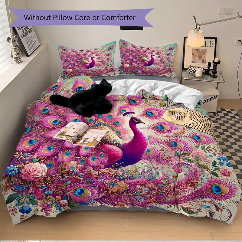 3pcs Pink Peacock with Open Tail Printed Quilt Set - Soft and Comfortable Quilt Cover for Bedroom, Guest Room and Dormitory