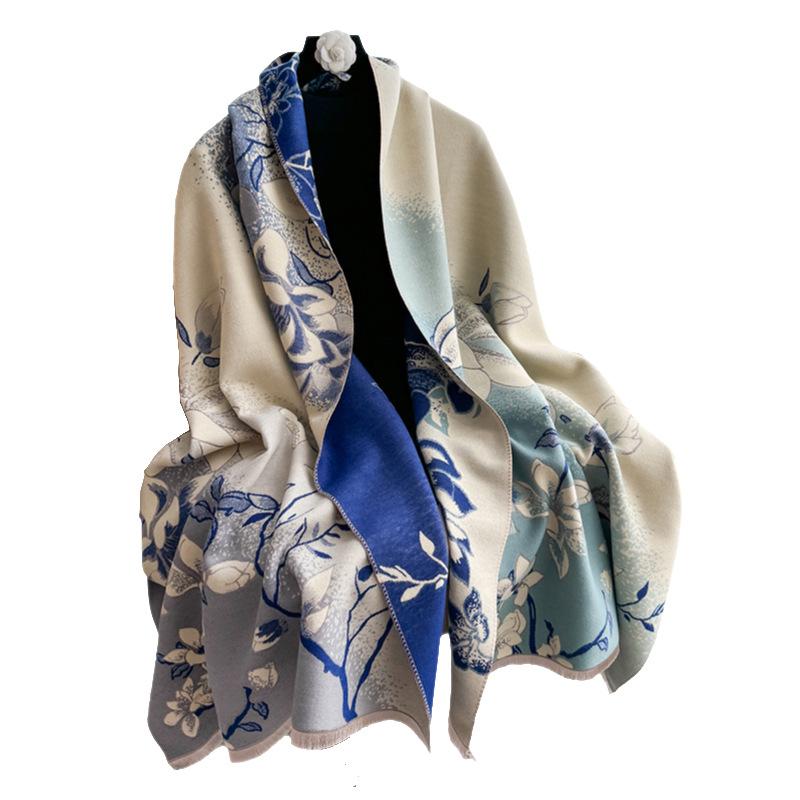 Autumn And Winter National Style Elegant Jacquard Scarf Femininity Magnolia Imitation Cashmere Shawl Advanced Sense Thickened Warm Scarf