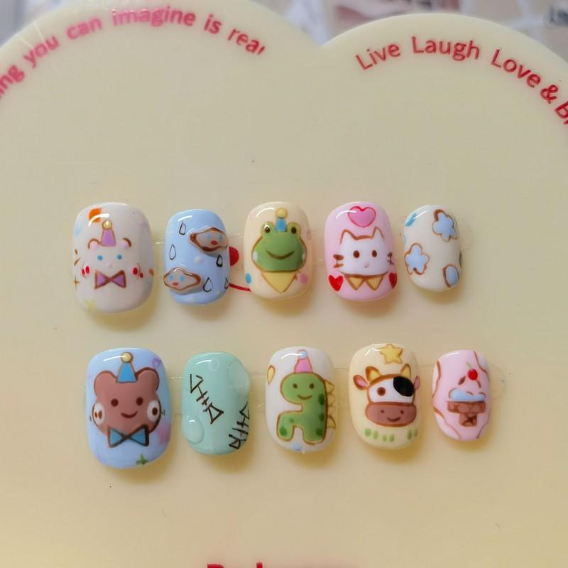 Reusable Press-On Nails Short Square Style Hand-Painted Cute Cat Eye Design Women Girls Instagram Trendy Nail Art