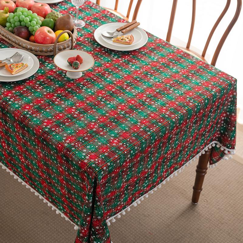 American Cotton Linen Christmas Tablecloth Holiday Plaid Dining Table Cover Snowflake Pattern