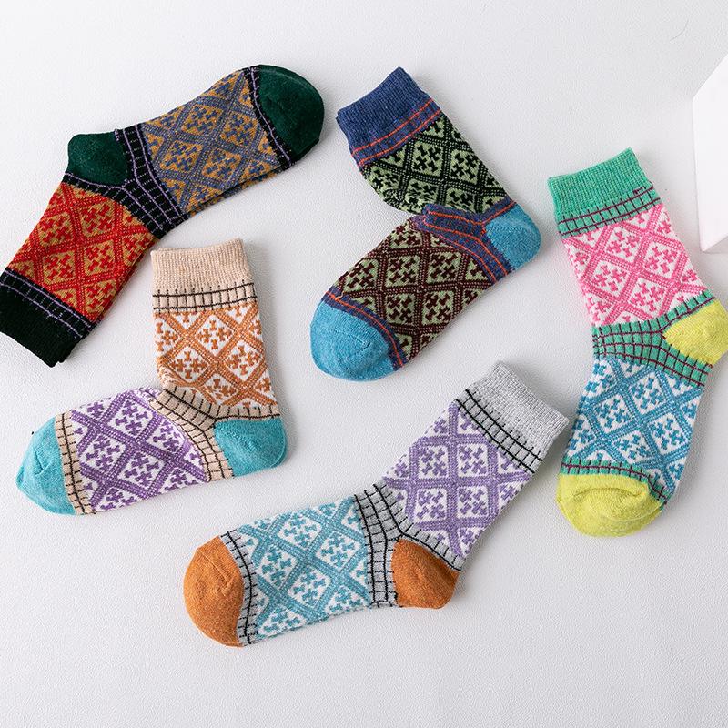 5 пар новых зимних женских шерстяных носков до середины икры в этническом стиле с кроликом