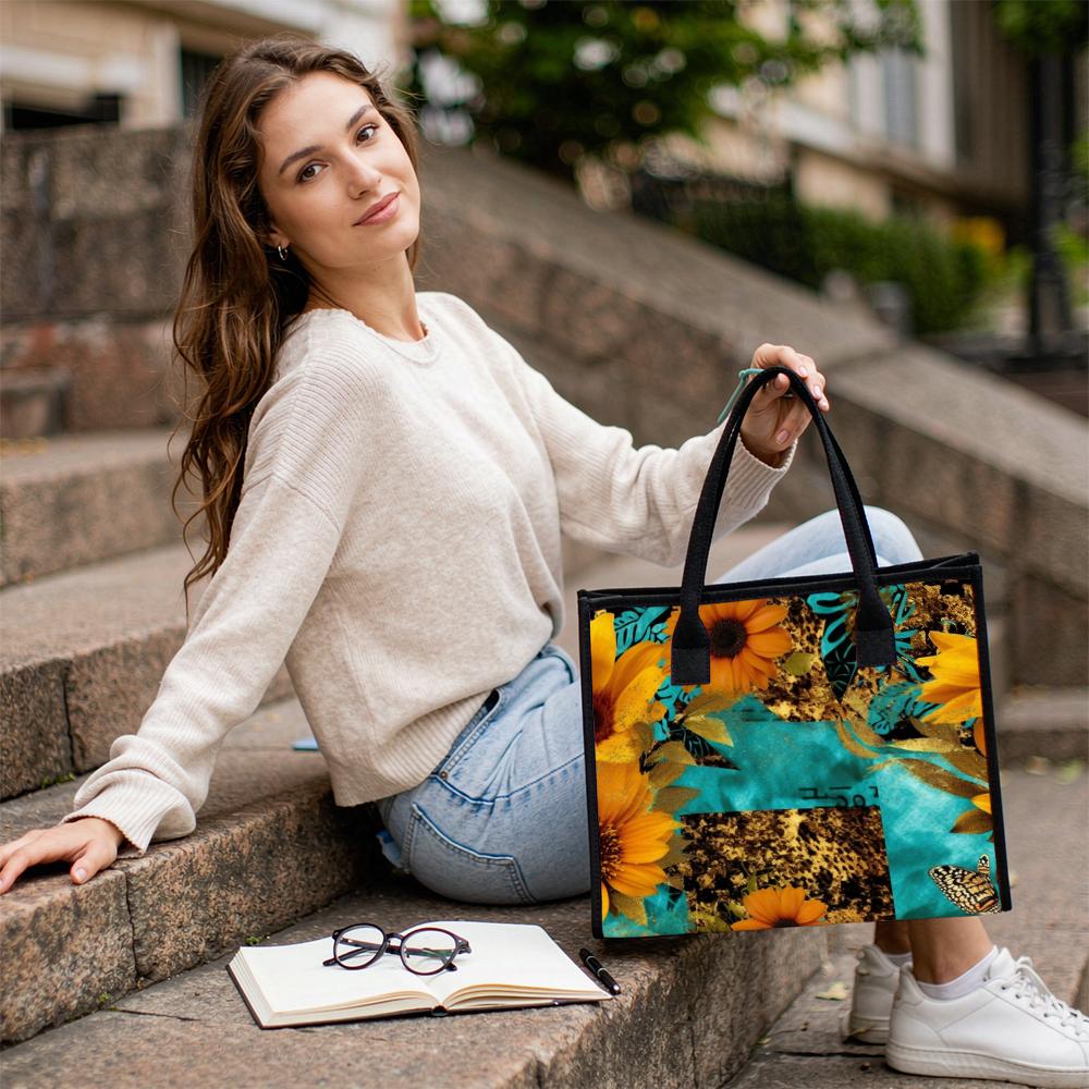 Sunflower Leopard Tote Bag Casual Large Capacity Shoulder Handbag for Daily Use Shopping Travel