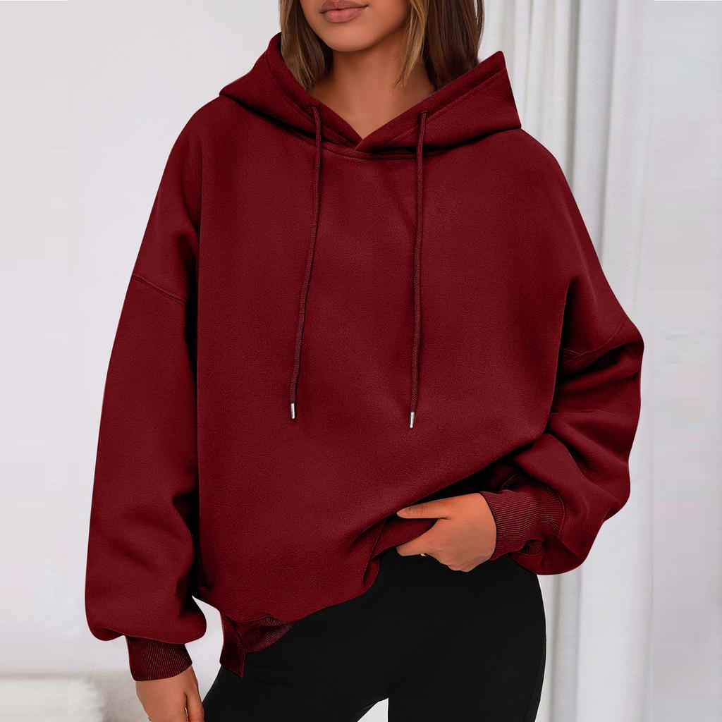 Ladies' Fashionable Solid Color Casual Hooded Pocket Long Sleeved Sweatshirt