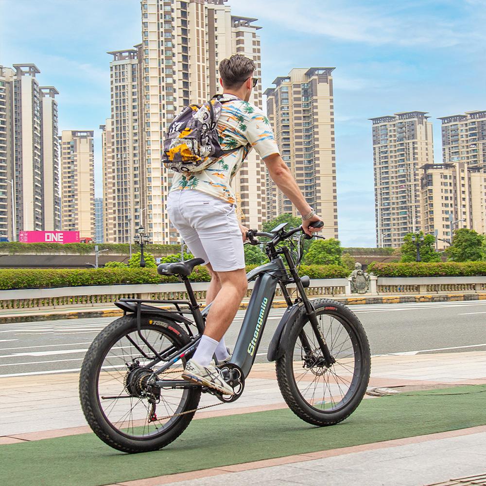 Shengmilo Электрический горный велосипед MX05 26", двигатель 500 Вт, аккумулятор Samsung 840 Вт·ч, толстые шины, двухподвес, 7-скоростная трансмиссия Shimano для езды по городу и по бездорожью