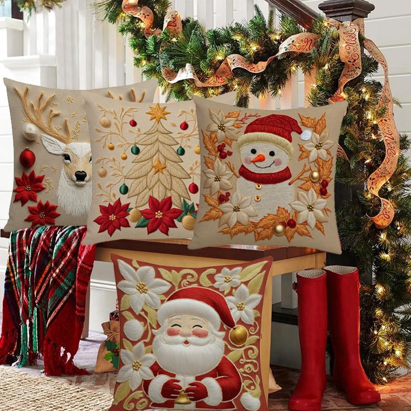 1/4pcs Cushion Cover New Year 2026 Linen Pillow Cases 45*45CM Pillowcase Single-Sided Excludes Inserts 2D Christmas Xmas Gifts