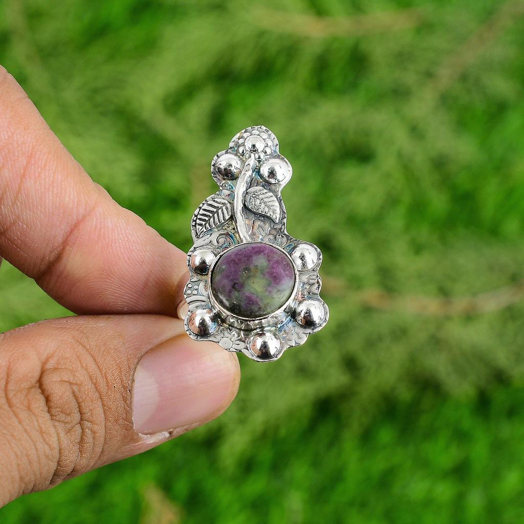 Sterling Silver Ruby Zoisite Stone Birthday Statement Ethnic Flower Ring Jewelry