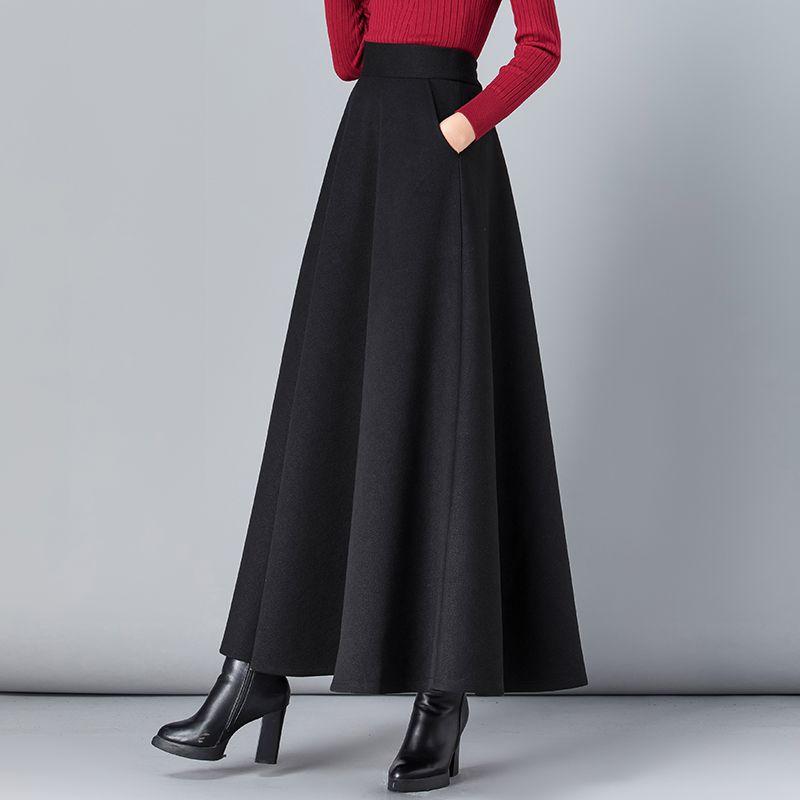 New Woolen Plaid Skirt for Women Mid-length Autumn and Winter Slimming High-waisted A-line Skirt Casual Long Skirt
