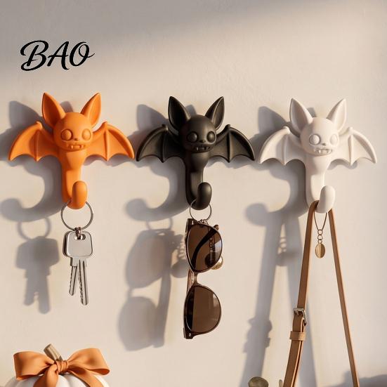 Small Space Storage Organizers 2Pcs 3D Printed Bat Hanging Hooks, Decorative Wall Hangers for Keys Hooks Kitchen Towels Bags, Adhesive Halloween Mount