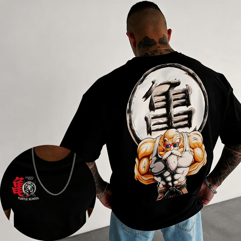 Аниме Dragon Ball Старик Черепаха Спортивный Принт Свободная Тяжелая Хлопковая Футболка с Коротким Рукавом Мужская