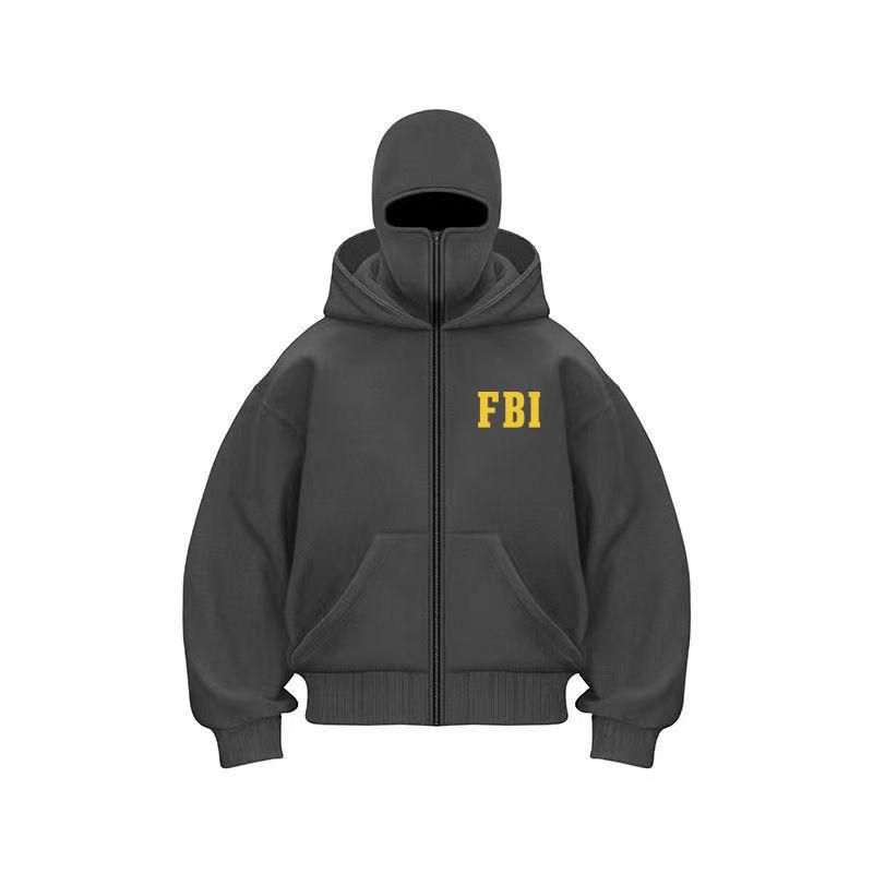 Mens Hooded Sweatshirt FBI Loose Jacket Double Hat Autumn Winter Sporty Hooded Sweatshirt Long-Sleeve Hoodies