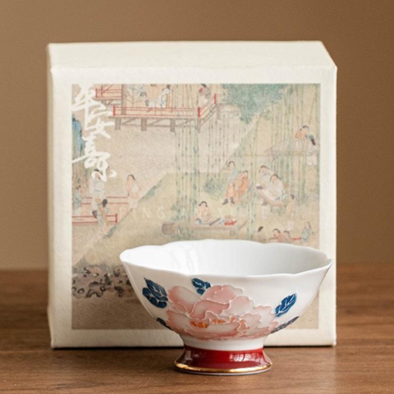 42 мл Расписанная вручную пиала-мастер с пионом, винтажная, на высокой ножке, большая чайная чашка, высококлассная позолоченная чайная чашка, чашка с цветочным горлышком, подарочный чайный набор для кунг-фу