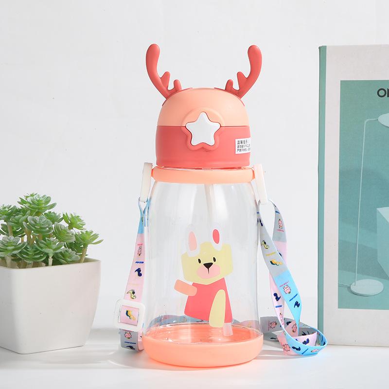 1pc 600ml Kids Water Sippy Cup Antler Creative Cartoon Baby Cups with Straws Leakproof Water Bottles Outdoor Childrens Cup