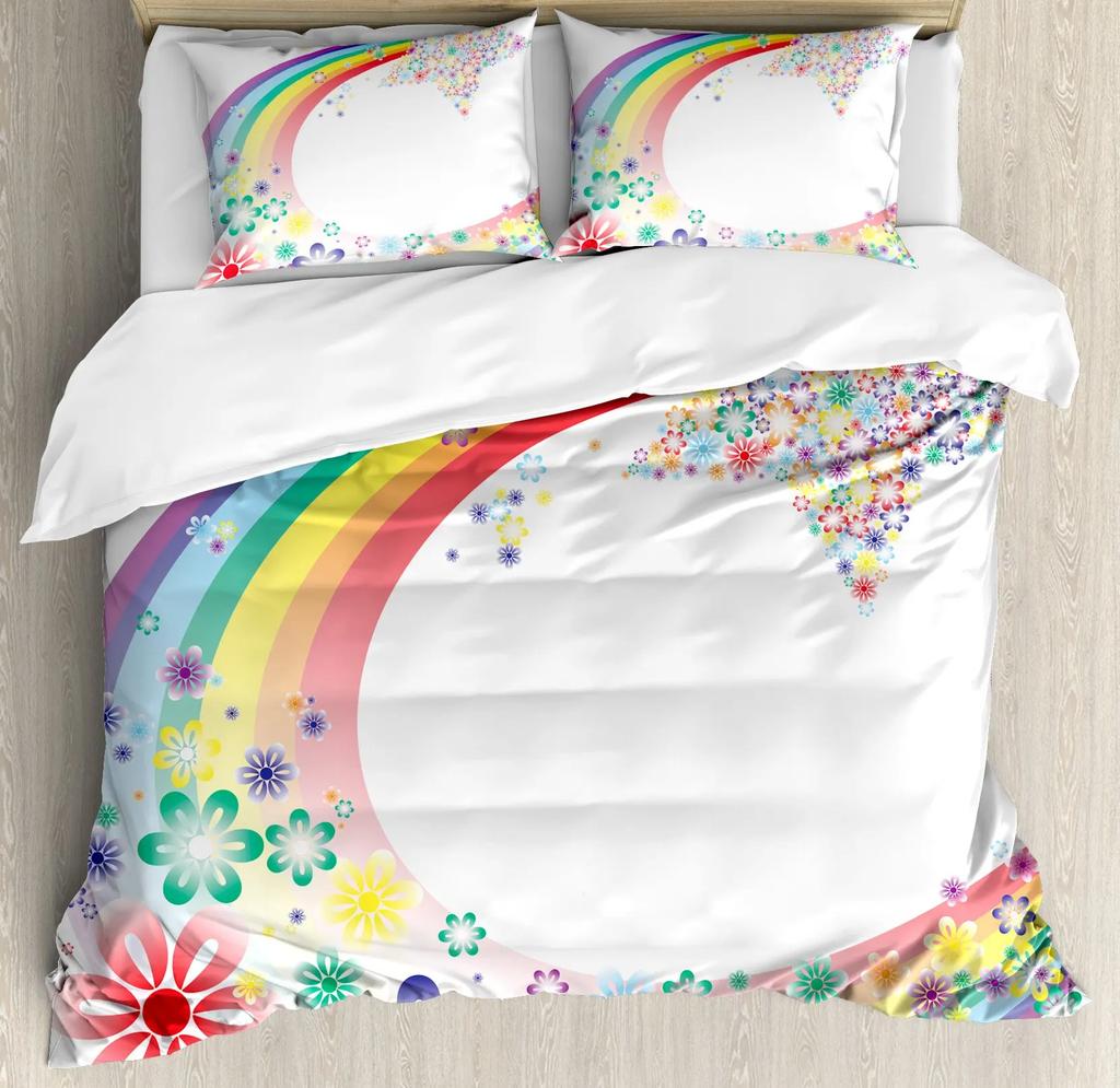 Радужный комплект пододеяльника, Красочный абстрактный геометрический узор с формами Радуга, Декоративный постельный комплект