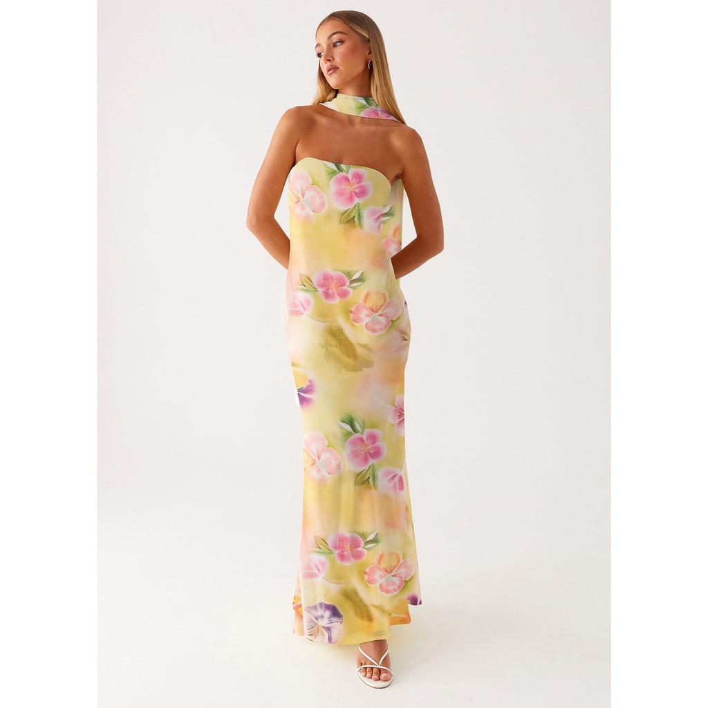 French Floral Chiffon Maxi Dress With Zipper For Summer Beach Vacation