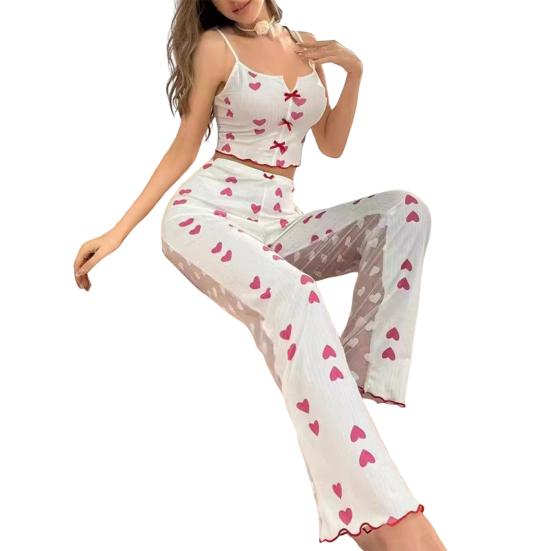 2 шт./комплект женский жилет брюки костюм бант сердечко принт без рукавов сборка кант топ сетчатые лоскутные брюки домашняя одежда одежда для сна наряд летняя одежда для отдыха
