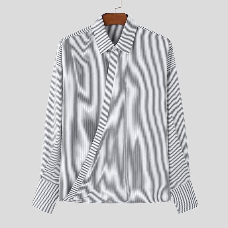 INCERUN Men Lapel Striped Front Cross Long Sleeve Shirts Loose Casual Tops