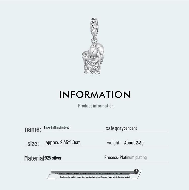 Yinziyun Серебро S925 с платиновым покрытием 3D Подвеска-баскетбольный мяч для браслетов DIY