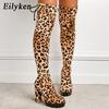 Eilyken Sexy Leopard Grain Over The Knee Boots Women Fashion Round Toe Cross Lace-up Square High Heels Platform Shoes Booties