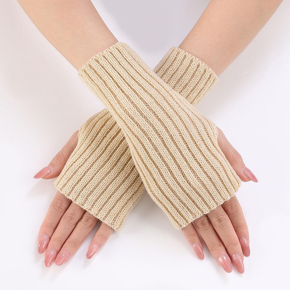 1 Pair Autumn Winter Short Arm Sleeves Half Finger Gloves For Women Solid Color Knitted Fingerless Gloves Hand Warmer Mittens