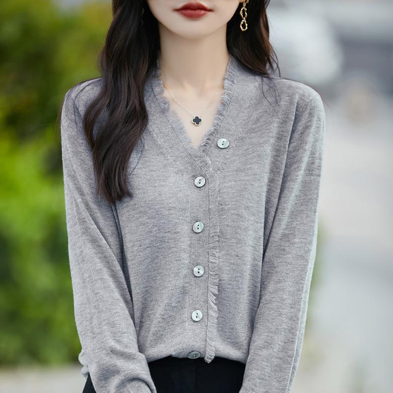 Women's Wool Sweater Qinghe Cashmere 50% Silk 50% Wool Autumn and Winter Wool Cardigan Soft and Warm