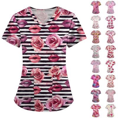 Женские модные топы с короткими рукавами и V-образным вырезом с принтом, рабочие футболки с карманами